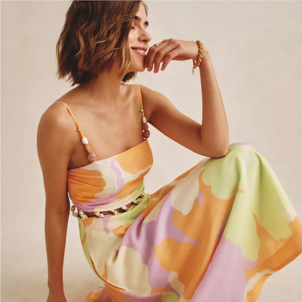Amur Dress Georgie Beaded Waist Midi In Floral Green Orange